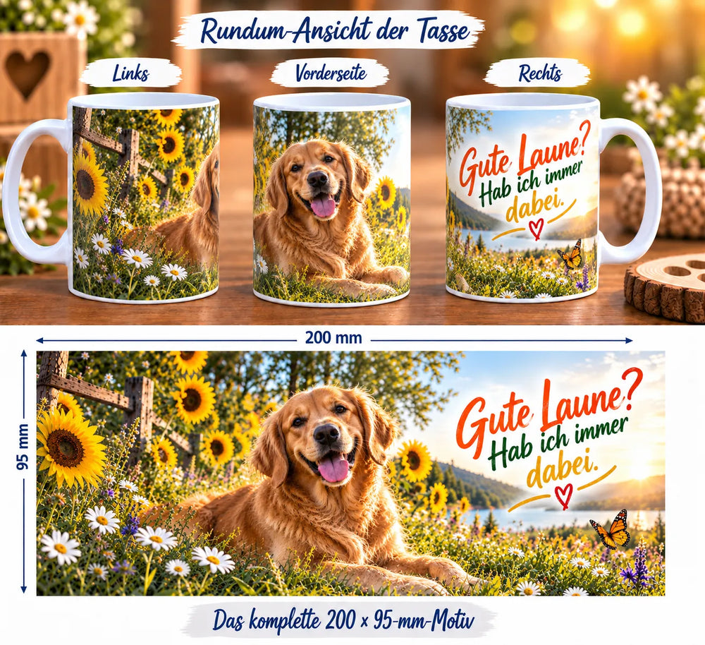 Golden-Retriever-Tasse aus drei Perspektiven und vollständiges Druckmotiv mit Hund, Sonnenblumen, See und Spruch