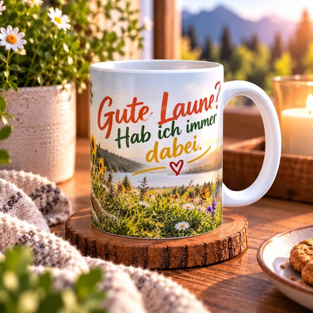 Seitenansicht der Golden-Retriever-Tasse mit weißem Henkel und Aufschrift „Gute Laune? Hab ich immer dabei.“