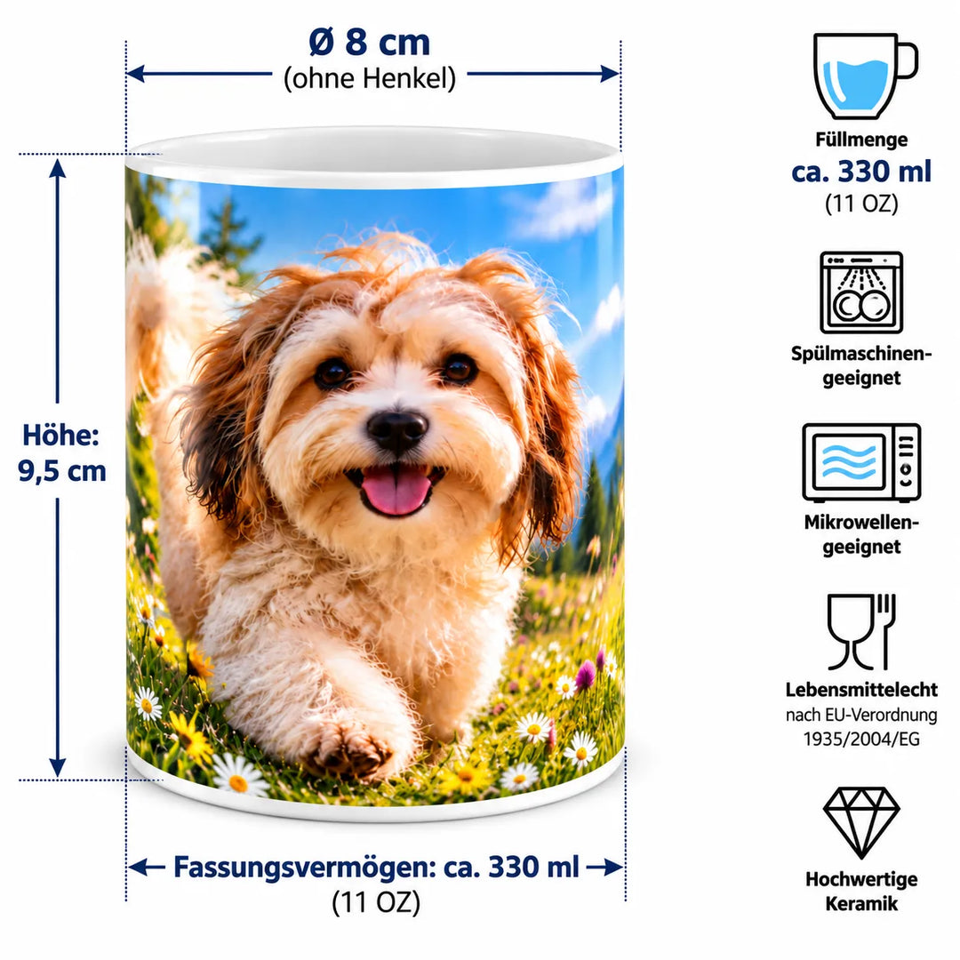Maßübersicht der Havaneser-Keramiktasse: ca. 9,5 cm Höhe, 8 cm Durchmesser und 330 ml Fassungsvermögen