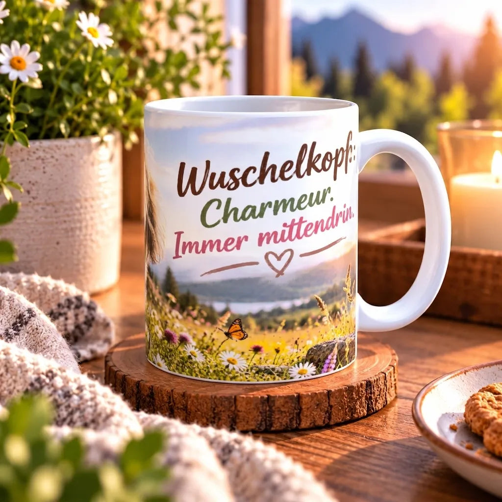 Seitenansicht der Havaneser-Tasse mit weißem Henkel und Aufschrift „Wuschelkopf. Charmeur. Immer mittendrin.“