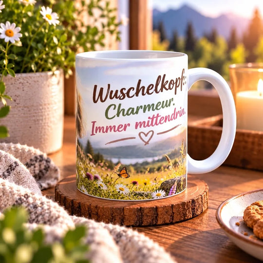 Seitenansicht der Havaneser-Tasse mit weißem Henkel und Aufschrift „Wuschelkopf. Charmeur. Immer mittendrin.“