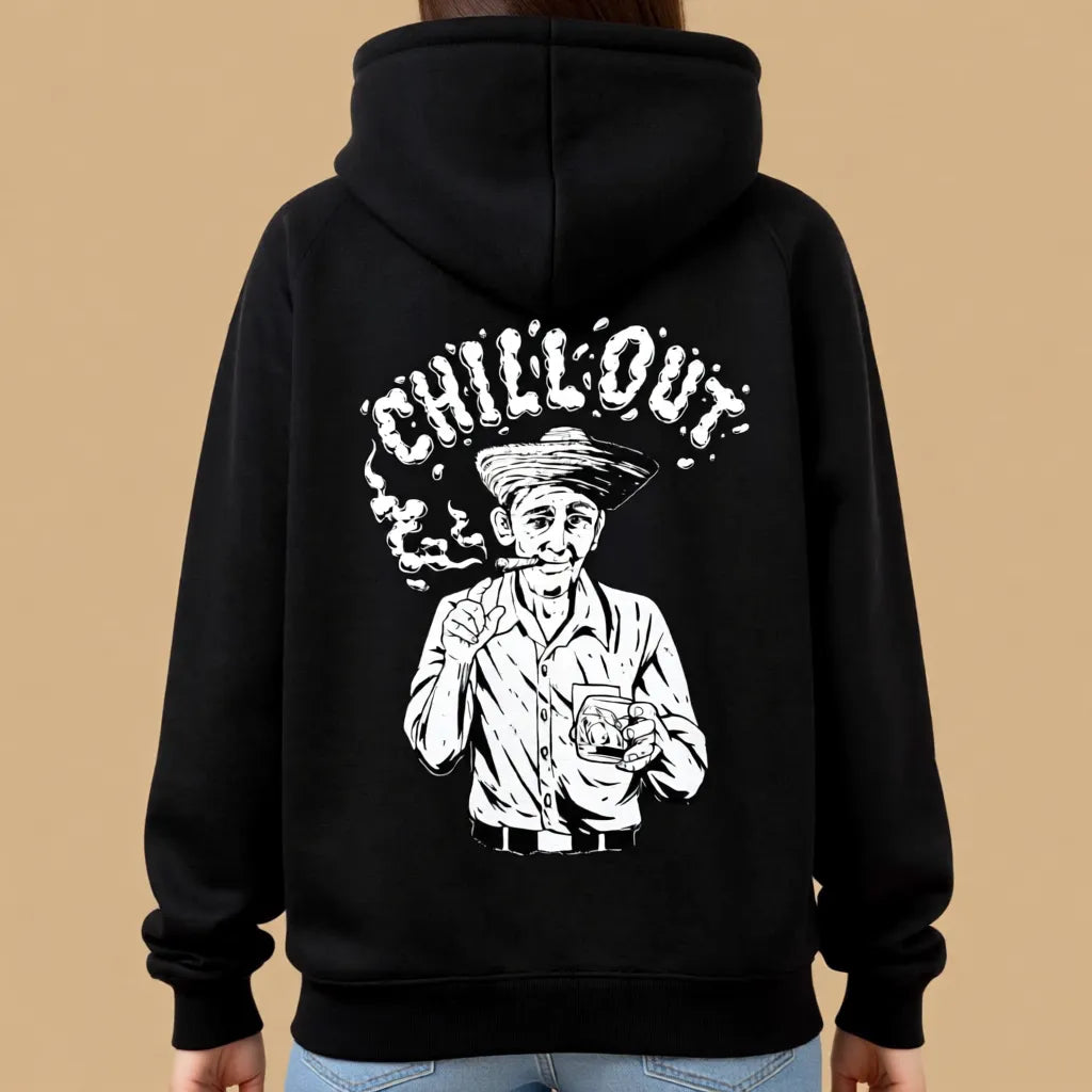 Schwarze Herren Heavyweight Sweatjacke mit Kuba-Stil Siebdruck Detailansicht Rückseite