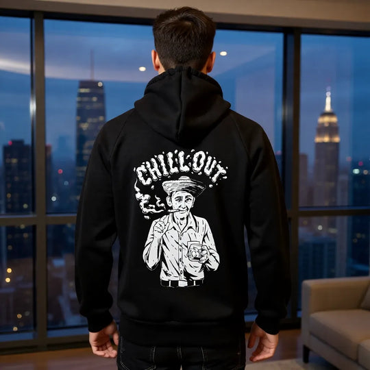 Herren Heavyweight Sweatjacke schwarz mit Siebdruck im Kuba-Stil getragen im Alltag