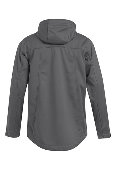 Rückansicht der hellgrauen Herren Softshell-Jacke mit Kapuze, funktionale Outdoorjacke