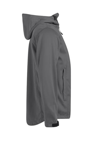 Seitenansicht einer hellgrauen Softshell-Jacke für Herren mit wasserdichtem Reißverschluss
