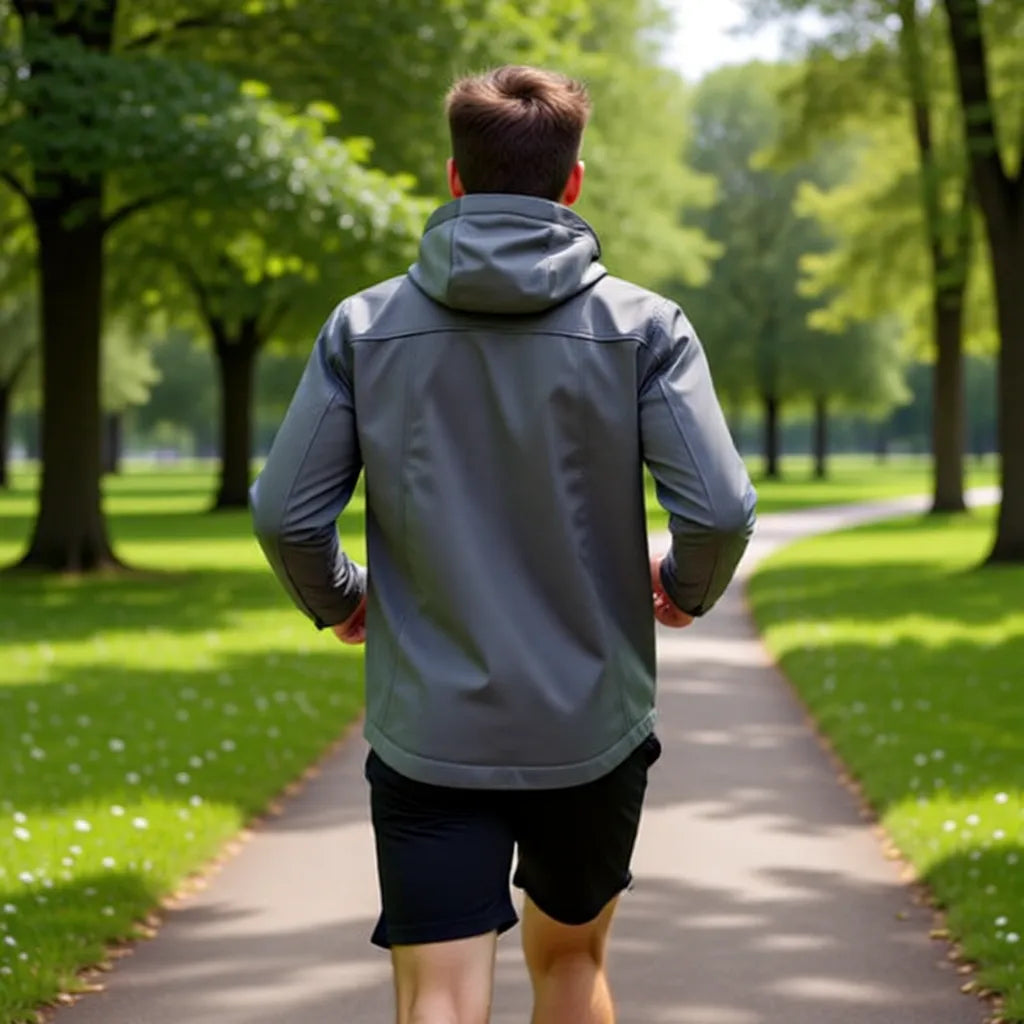 Mann trägt hellgraue Softshell-Jacke beim Joggen im Park, funktionale Outdoorjacke für Sport und Freizeit