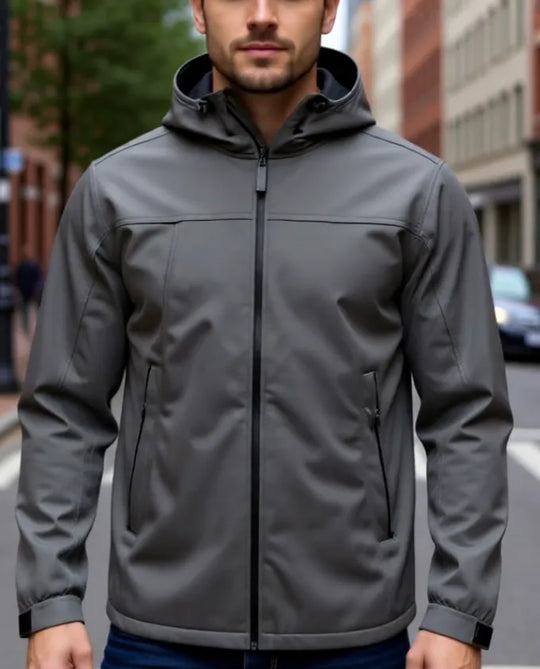 Herren Softshell-Jacke in Hellgrau neu im Alltag getragen, moderne Outdoorjacke für Freizeit und Stadt
