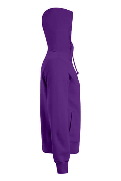 Seitenansicht der lila Herren Sweatjacke Chillout mit Kapuze und Reißverschluss