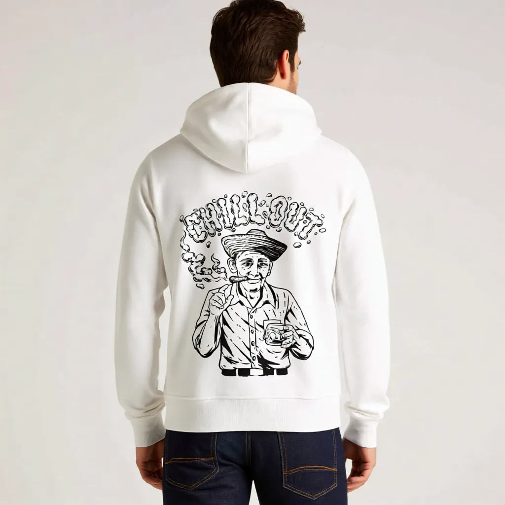 Herren Sweatjacke Chillout in Weiß mit handgefertigtem Siebdruck im Kuba-Stil auf der Rückseite, getragenes Mockup