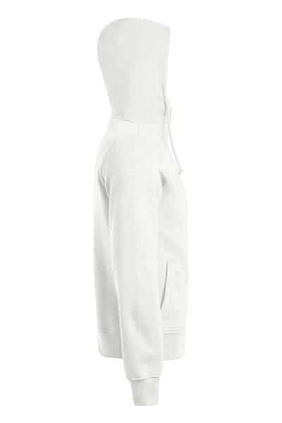 Seitenansicht der weißen Herren Sweatjacke Chillout mit Kapuze und Reißverschluss