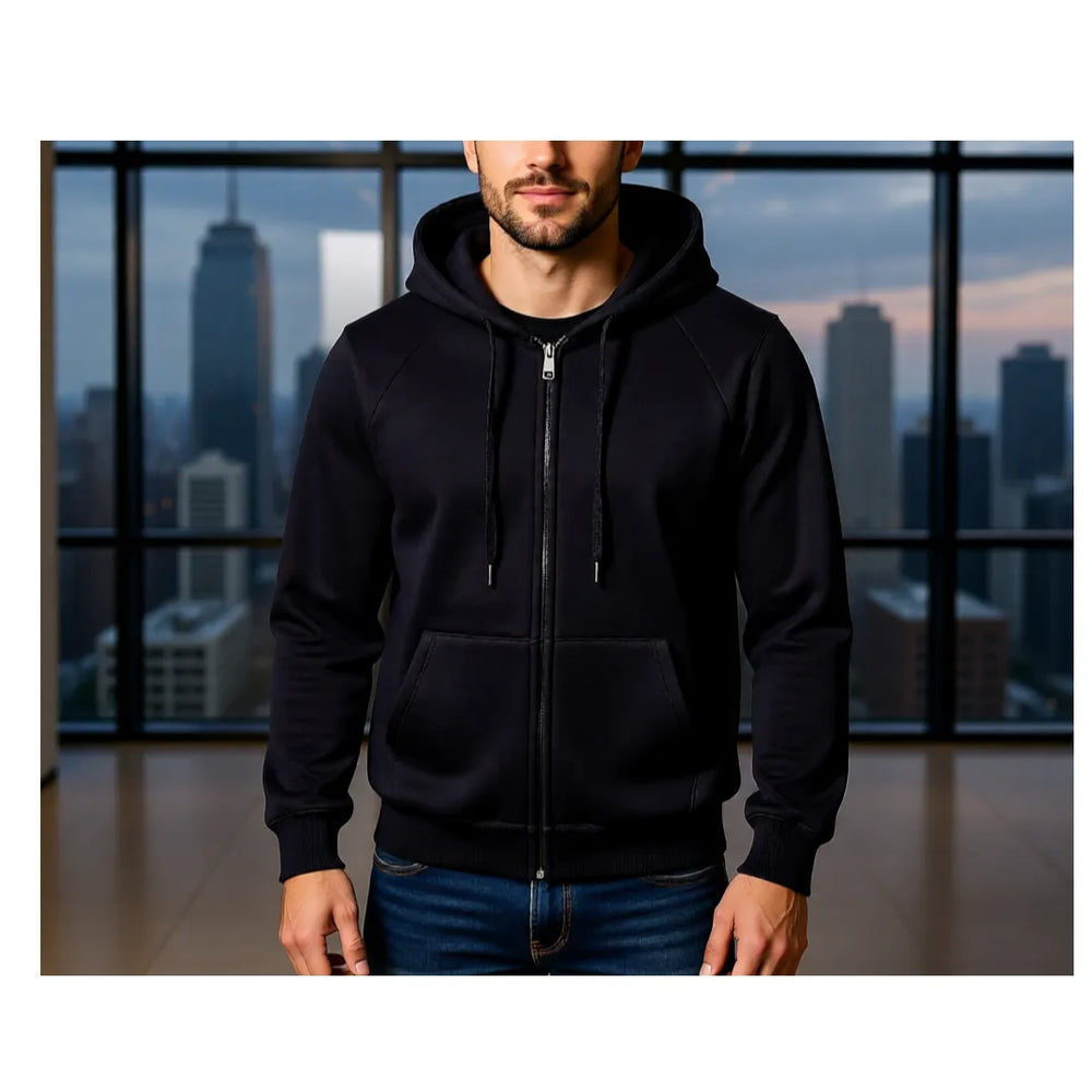 Herren Sweatjacke schwarz 500 g/m² blanko Vorderseite mit Reißverschluss und Kapuze