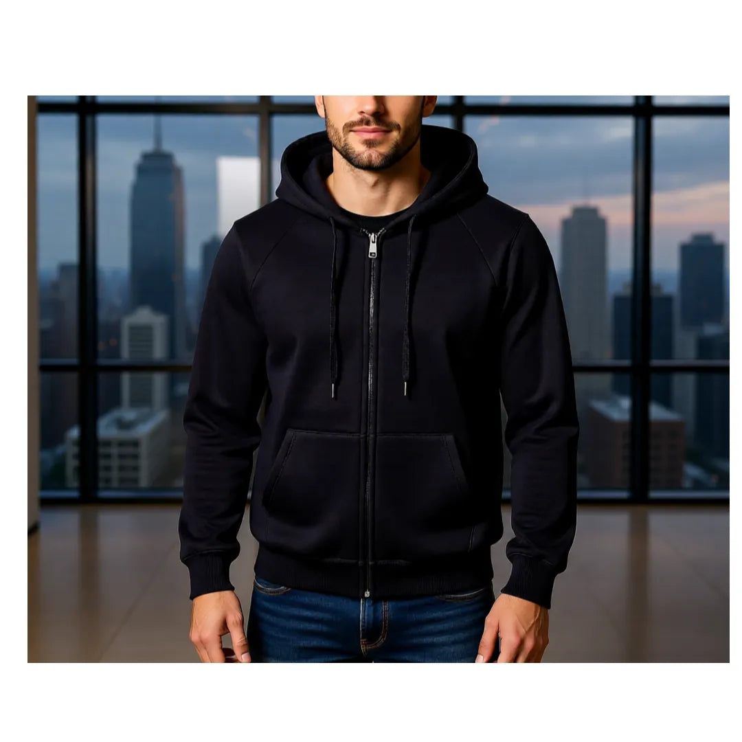 Herren Sweatjacke schwarz 500 g/m² blanko Vorderseite mit Reißverschluss und Kapuze