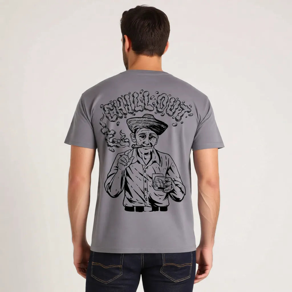 Herren T-Shirt im Kuba-Stil mit handgefertigtem Siebdruck „Kubanischer Chillout“ auf New Light Grey Rückseite