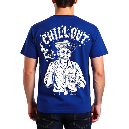 Herren T-Shirt Royal Blau mit Kuba-Stil Siebdruck „Kubanischer Chillout“ handgefertigt Rückansicht
