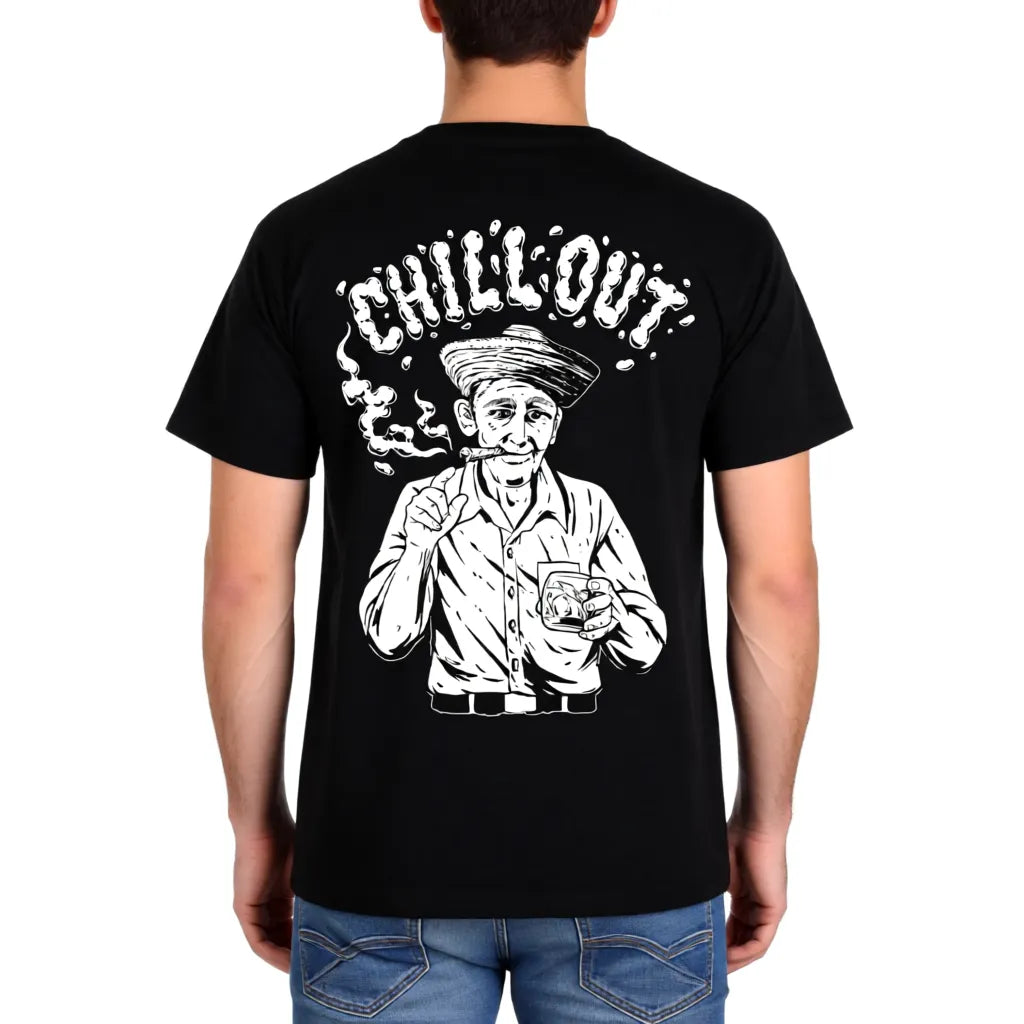 Schwarzes Herren T-Shirt im Kuba-Stil mit handgefertigtem Siebdruck „Kubanischer Chillout“ Rückseite