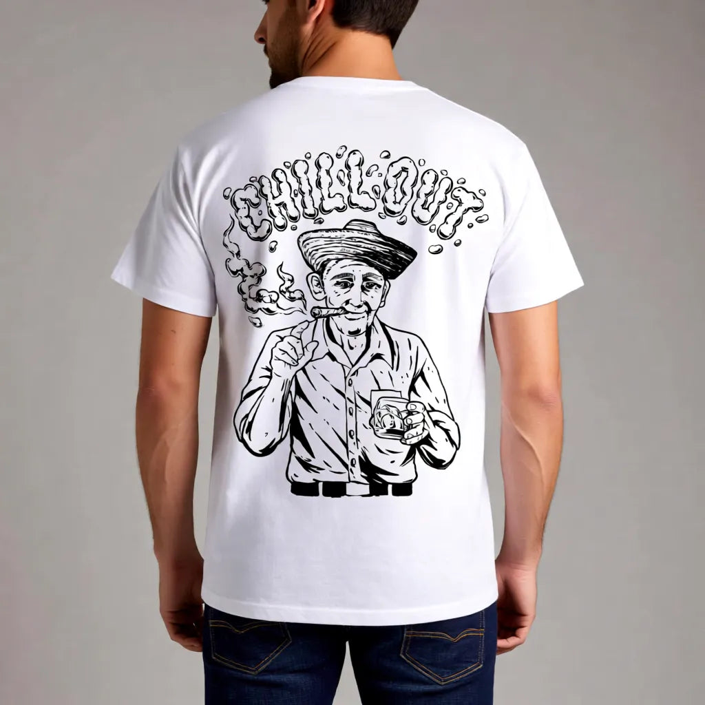 Weißes Herren T-Shirt mit Kuba-Stil Siebdruck „Kubanischer Chillout“ handgefertigt Rückansicht