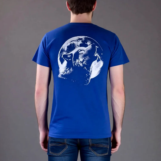 Herren T-Shirt in Royal Blau mit handgedrucktem Wolfsdesign im Siebdruck auf der Rückseite, modernes Baumwollshirt mit hochwertigem Druck