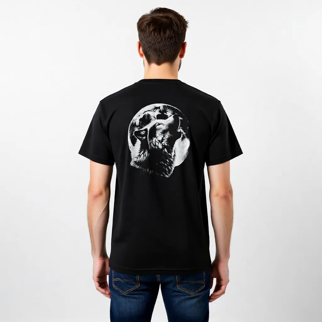 Schwarzes Herren T-Shirt mit großem Wolfsdesign im Siebdruck, handgefertigt, aus weicher Baumwolle, modernes Herren Shirt