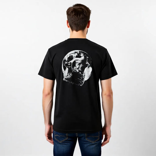 Schwarzes Herren T-Shirt mit großem Wolfsdesign im Siebdruck, handgefertigt, aus weicher Baumwolle, modernes Herren Shirt