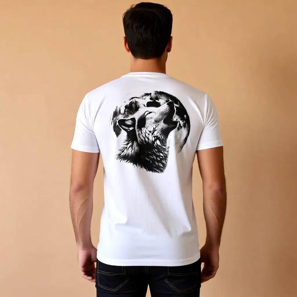 Weißes Herren T-Shirt mit detailreichem Wolfsdesign im handgedruckten Siebdruck, hochwertiges Baumwollshirt mit modernem Schnitt