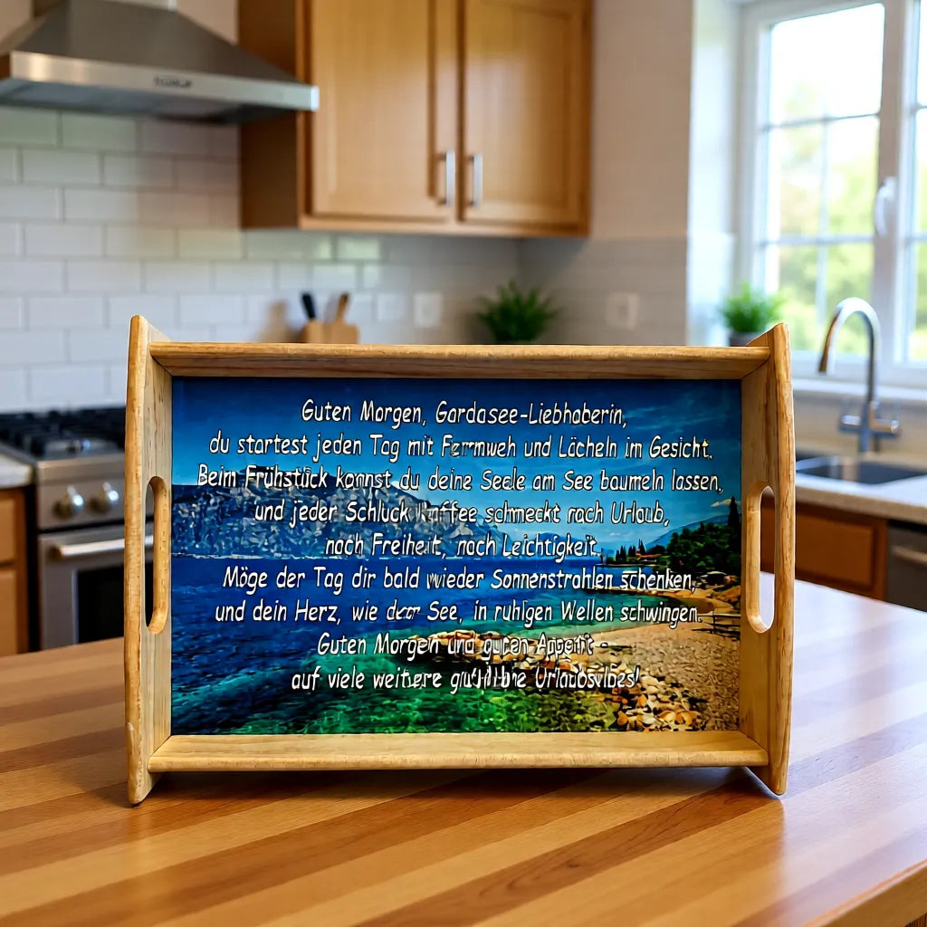 Holztablett personalisiert mit Landschafts-Motiv und Text, dekorativ in der Küche