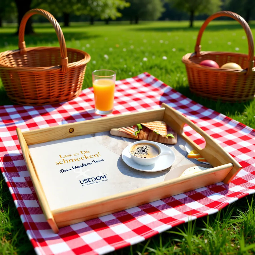 Personalisiertes Holztablett im Einsatz beim Picknick mit Frühstück und Getränken
