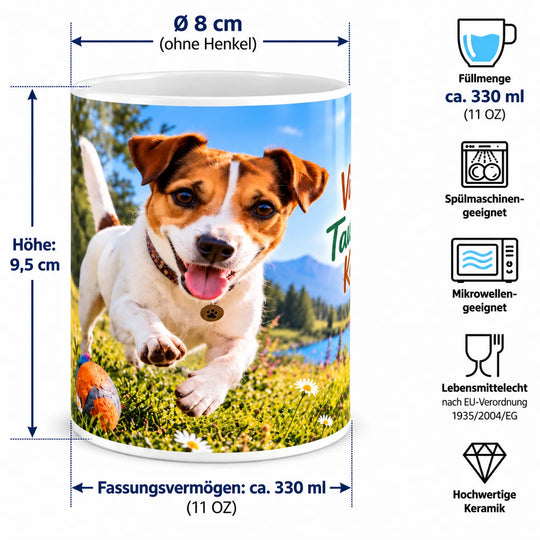 Maßübersicht der Jack-Russell-Keramiktasse: ca. 9,5 cm Höhe, 8 cm Durchmesser und 330 ml Fassungsvermögen