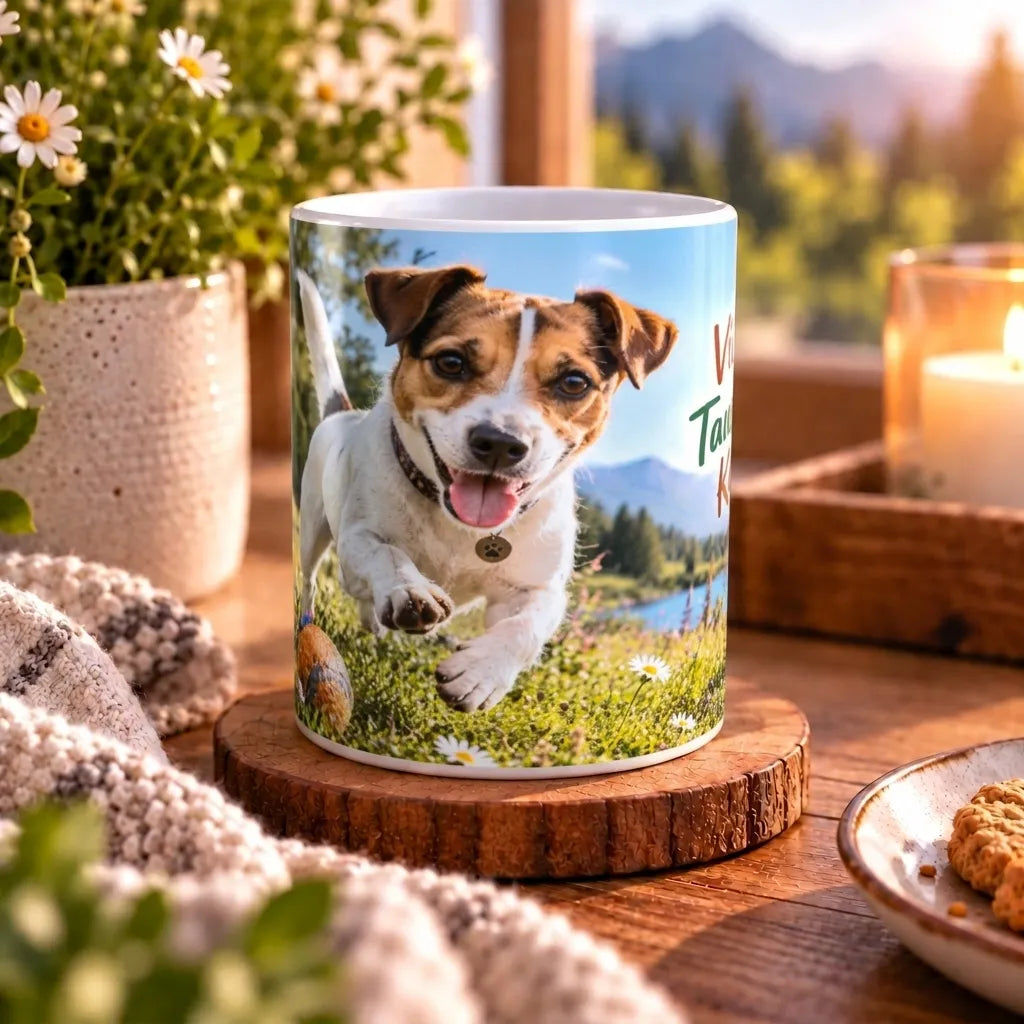 Keramiktasse mit Jack Russell Terrier auf einer Blumenwiese und Spruch „Vier Pfoten. Tausend Ideen. Keine Pause.“