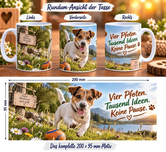 Jack-Russell-Tasse aus drei Perspektiven und vollständiges Druckmotiv mit Hund, Spielball, See und Spruch