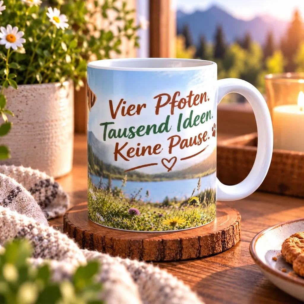 Seitenansicht der Jack-Russell-Tasse mit weißem Henkel und Aufschrift „Vier Pfoten. Tausend Ideen. Keine Pause.“