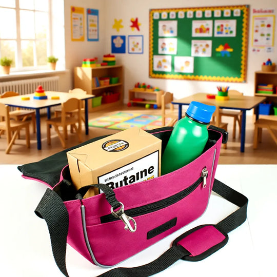 Personalisierbare Kindergarten-Tasche Julia im Einsatz mit Brotdose und Trinkflasche im Kindergarten