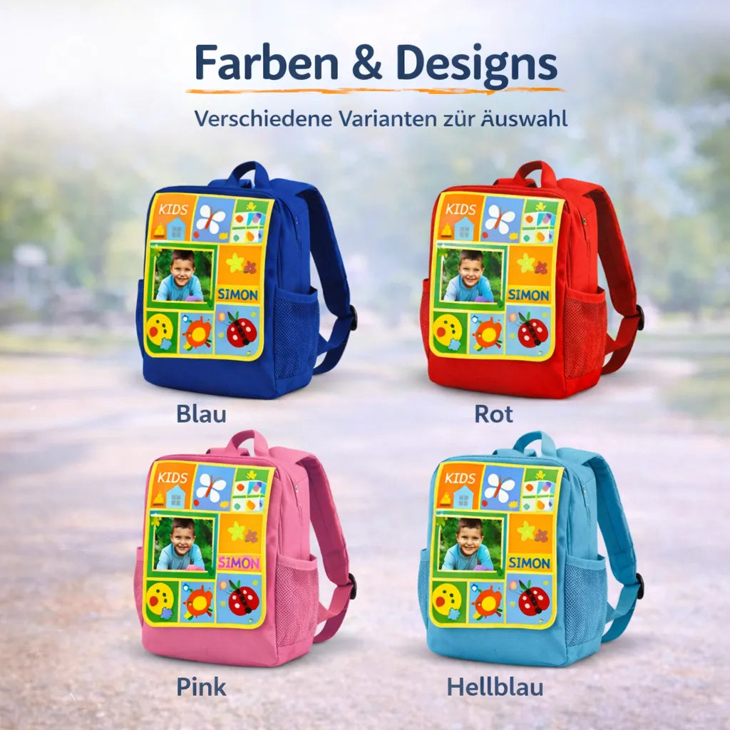 Personalisierter Kinderrucksack in den Farben Blau, Rot, Pink und Hellblau