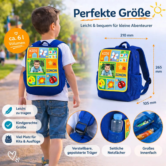 Kinderrucksack mit ca. 6 Liter Volumen, gepolsterten Trägern, Netzfächern und großem Innenfach