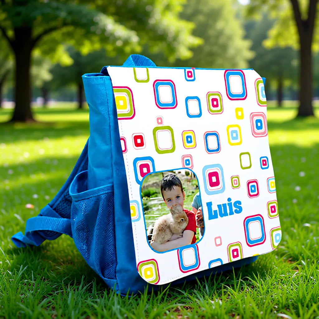 Personalisierter Kinderrucksack MAX blau mit Foto und Namen als Kindergartenrucksack