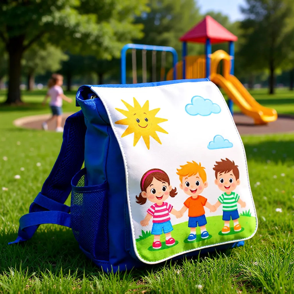 Personalisierter Kinderrucksack MAX blau mit Motiv auf Spielplatz als Kindergartenrucksack