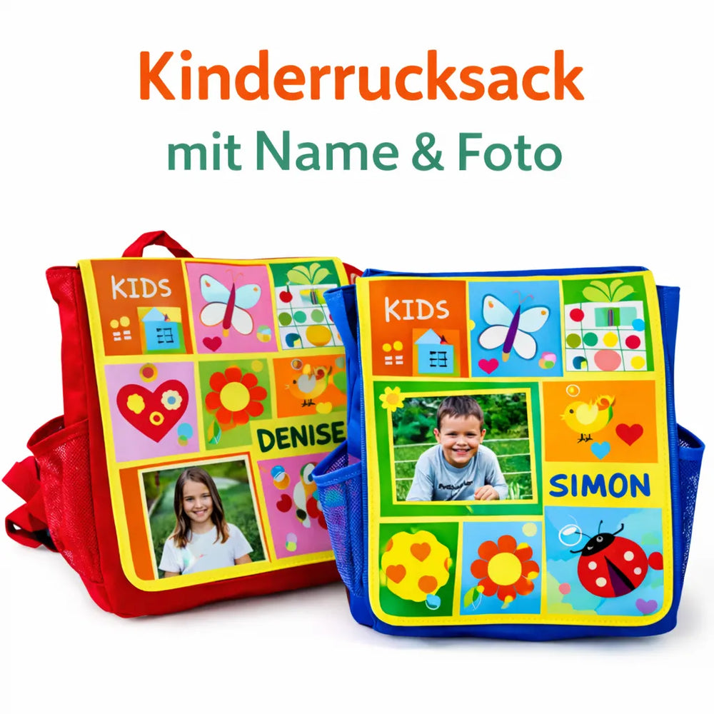 Personalisierte Kinderrucksäcke in Rot und Blau mit Name und eigenem Foto