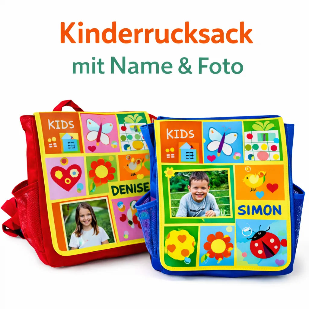 Personalisierte Kinderrucksäcke in Rot und Blau mit Name und eigenem Foto