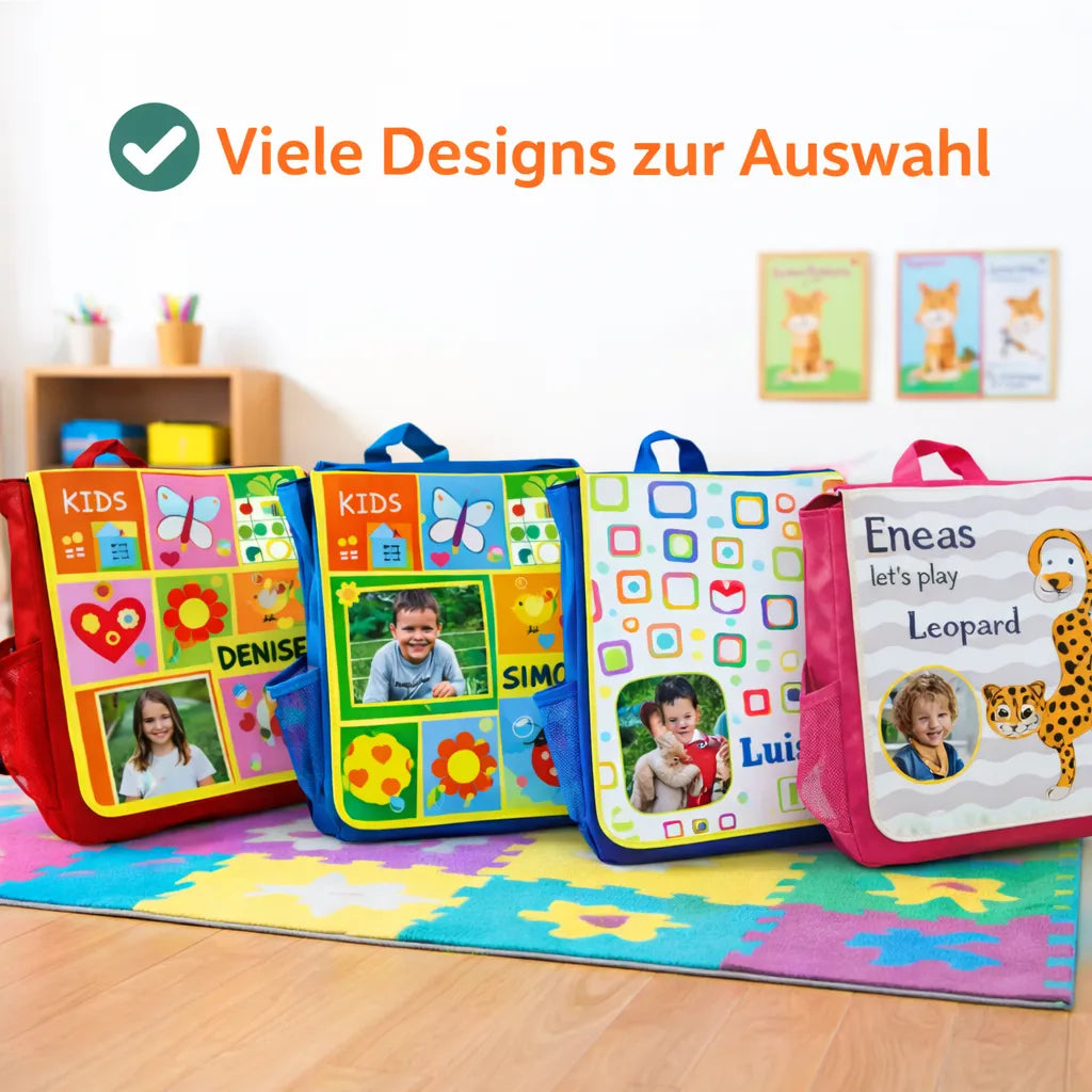 Verschiedene Designs für personalisierte Kinderrucksäcke mit Name und Foto