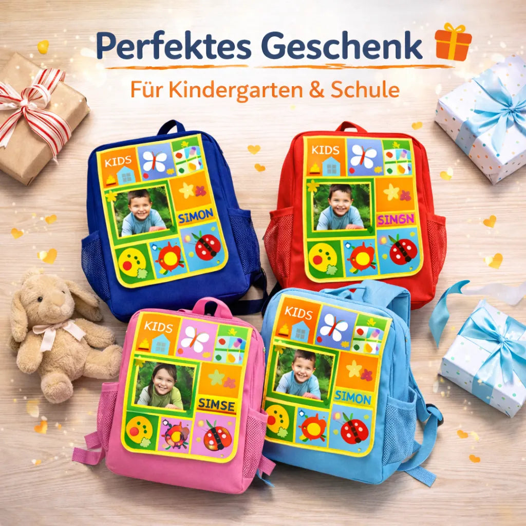 Personalisierte Kinderrucksäcke in vier Farben als Geschenk für Kindergarten und Schule