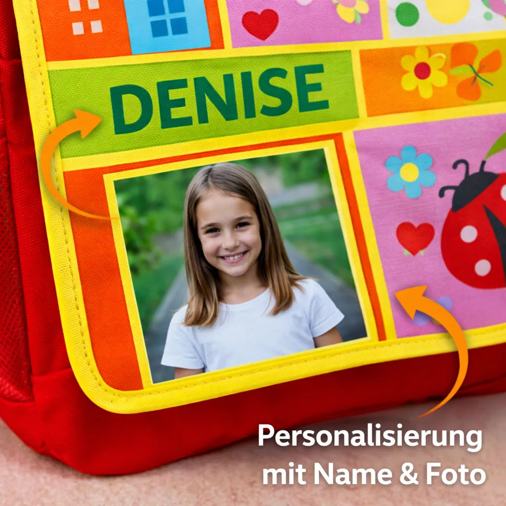 Detailansicht eines personalisierten Kinderrucksacks mit Name und eigenem Foto