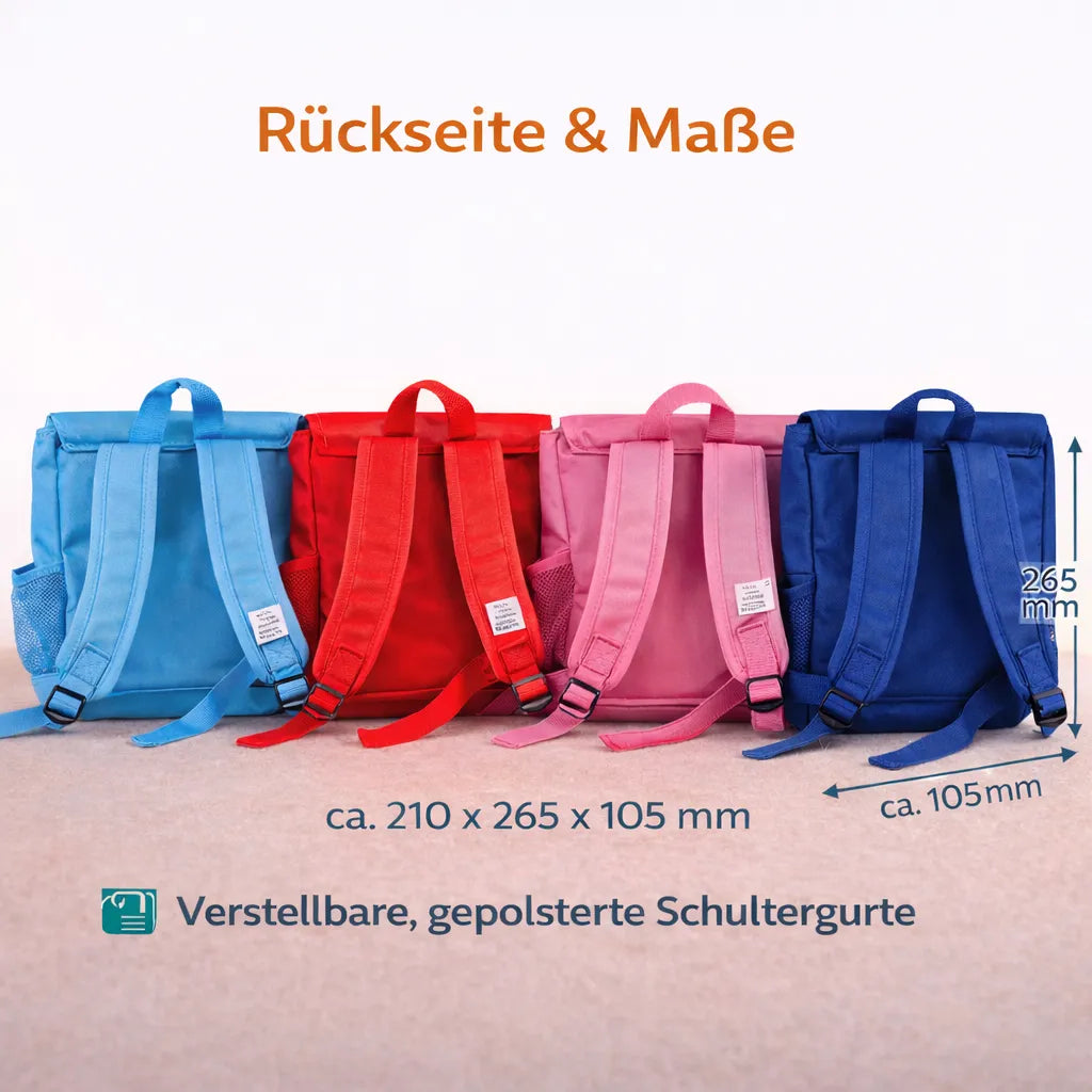 Rückseite der Kinderrucksäcke mit verstellbaren gepolsterten Schultergurten und Maßen 210 × 265 × 105 mm