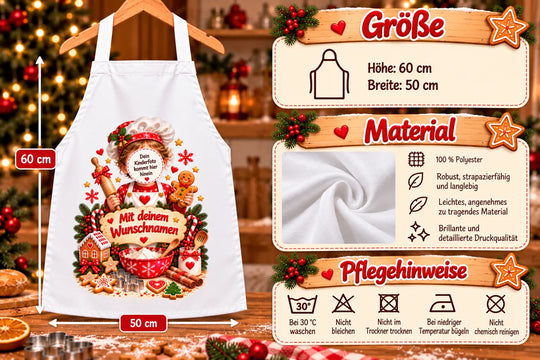 Kinderschürze: 60 cm hoch, 50 cm breit, 100 % Polyester. Bei 30 °C waschen, nicht bleichen oder trocknen, kühl bügeln, nicht chemisch reinigen.