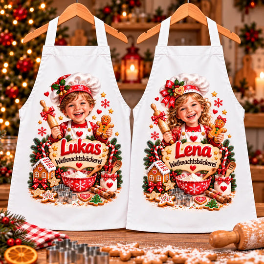 Zwei weiße Kinderschürzen mit Weihnachtsbäckerei-Motiven, beispielhaften Kinderporträts und den Namen Lukas und Lena.
