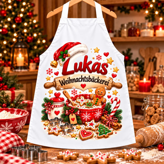 Weiße Kinderschürze mit dem Beispielnamen Lukas, Weihnachtsmütze und Weihnachtsbäckerei-Motiv mit Nudelholz, Lebkuchenmann und Plätzchen.