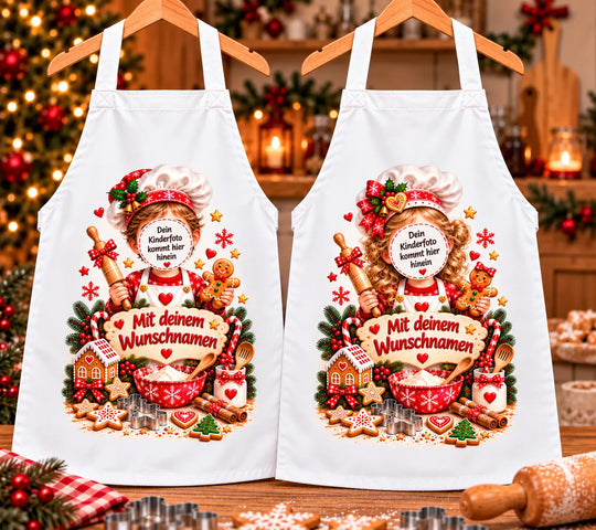 Jungen- und Mädchenmotiv der Weihnachtsbäckerei-Schürze mit markierten Bereichen für das eigene Kinderfoto und den Wunschnamen.