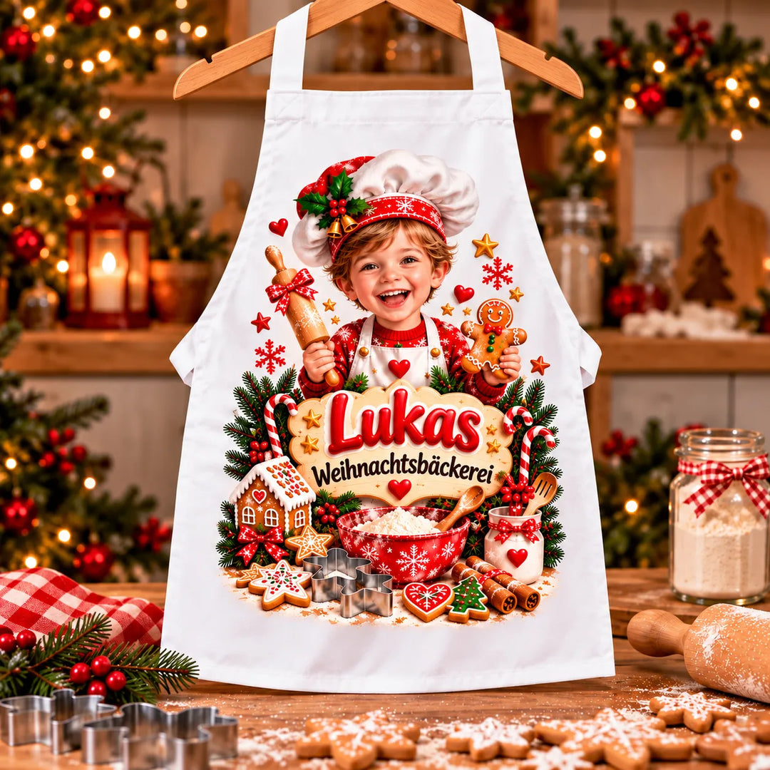 Weiße Kinderschürze mit Weihnachtsbäcker, Kochmütze, Nudelholz und Lebkuchenmann, beispielhaftem Kinderporträt und dem Namen Lukas.