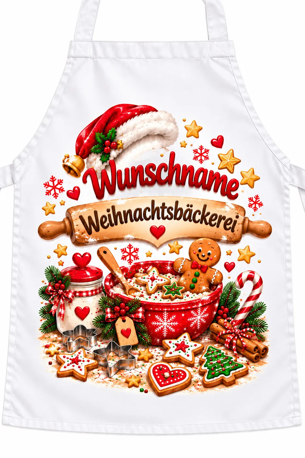 Weiße Kinderschürze mit dem Platzhalter „Wunschname“, einer roten Weihnachtsmütze und dem Schriftzug „Weihnachtsbäckerei“ über einem Backmotiv.