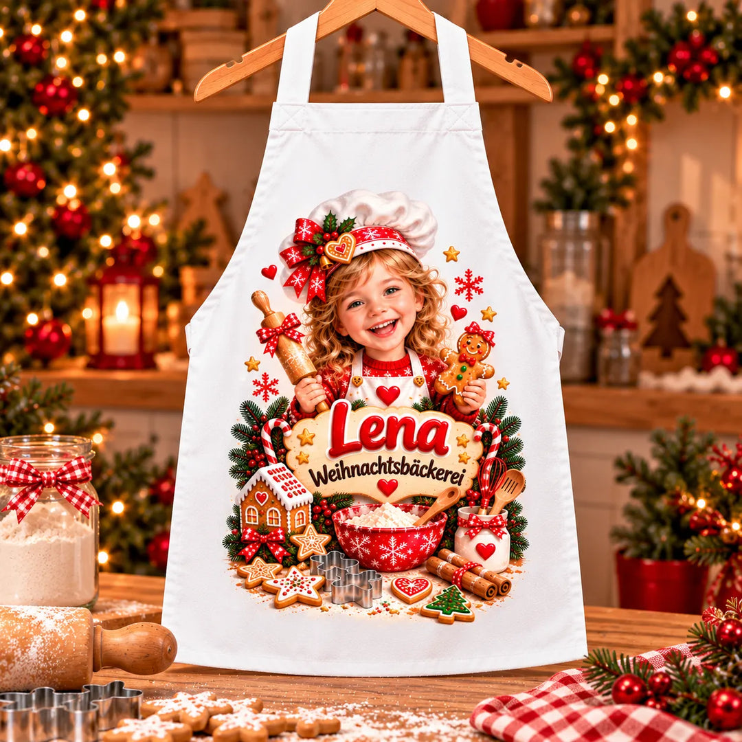 Weiße Kinderschürze mit Weihnachtsbäckerin, Kochmütze und roter Schleife, beispielhaftem Kinderporträt und dem Namen Lena.