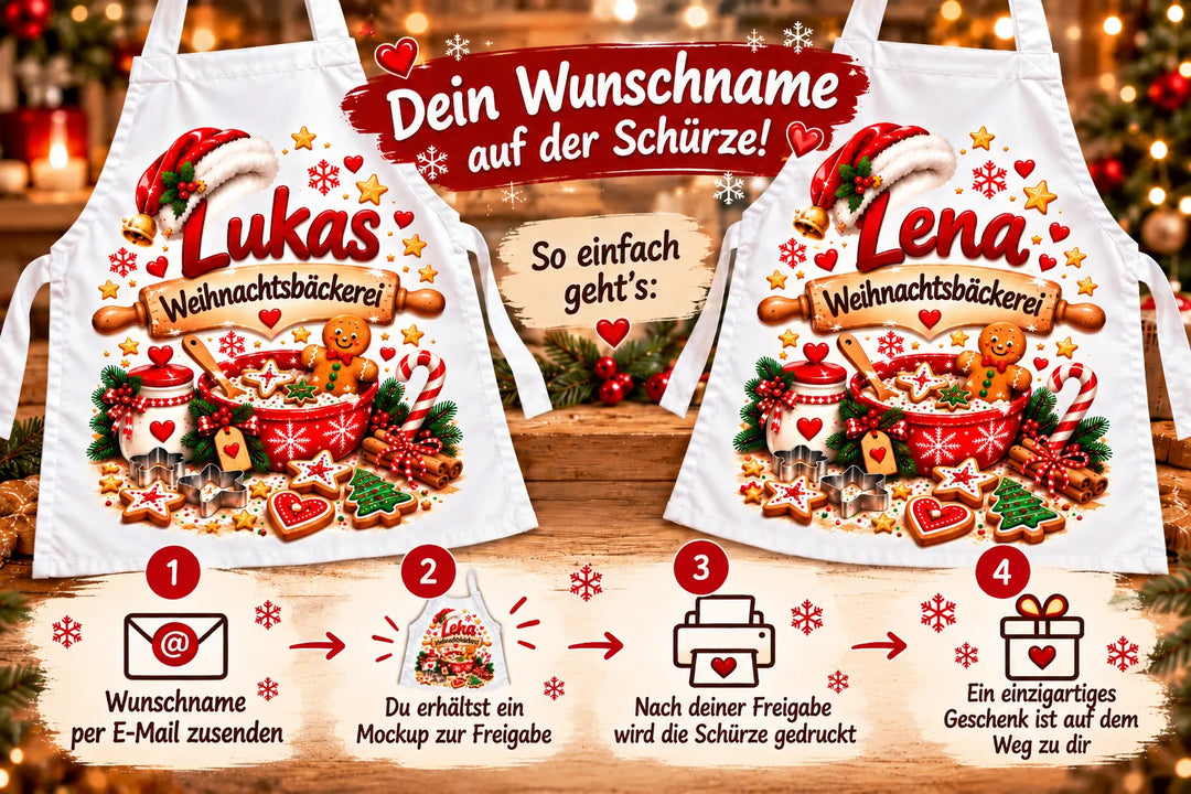 Schürzen mit den Beispielnamen Lukas und Lena. Ablauf: Wunschnamen per E-Mail senden, Designvorschau freigeben, anschließend Druck und Versand.