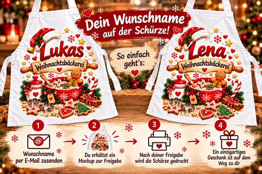 Schürzen mit den Beispielnamen Lukas und Lena. Ablauf: Wunschnamen per E-Mail senden, Designvorschau freigeben, anschließend Druck und Versand.